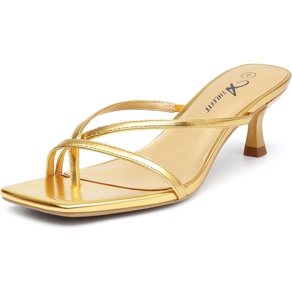 Athlefit Women's Gold Polyurethane Square Open Toe Kitten Heels Thong Sandals - Picture 1 of 6